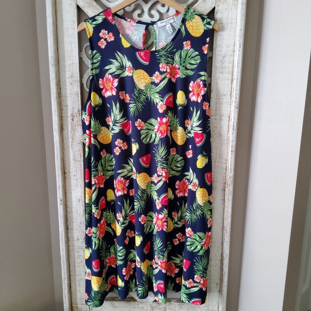 Harlow & Rose Women's 3X Sleeveless Flowy Swing A-Line Midi Dress Floral Fruit - Picture 2 of 6